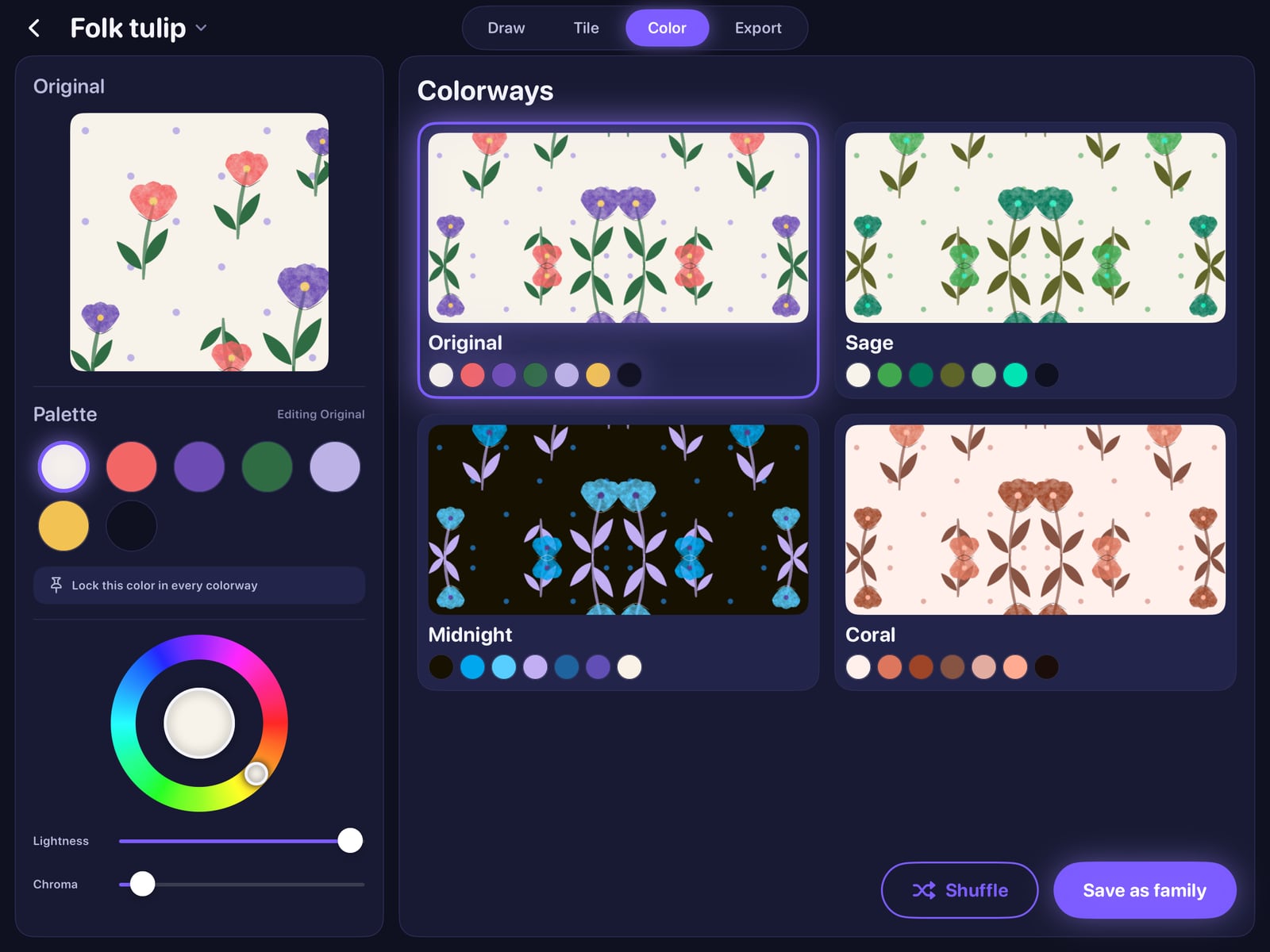 Colorways: four versions of the same tile side by side with a palette and Save as family