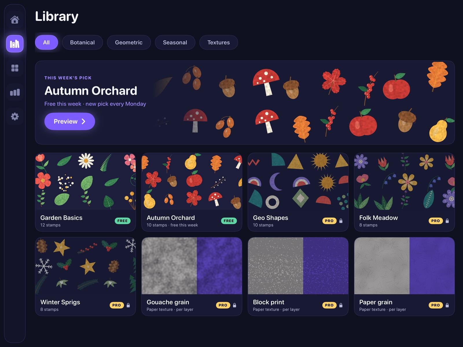 Library with this week’s pick and motif packs