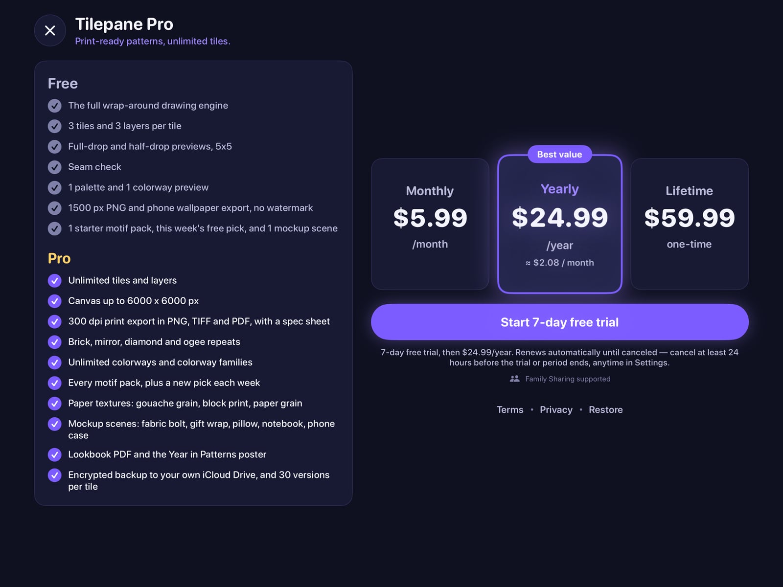 Paywall with the free and Pro lists and three plans